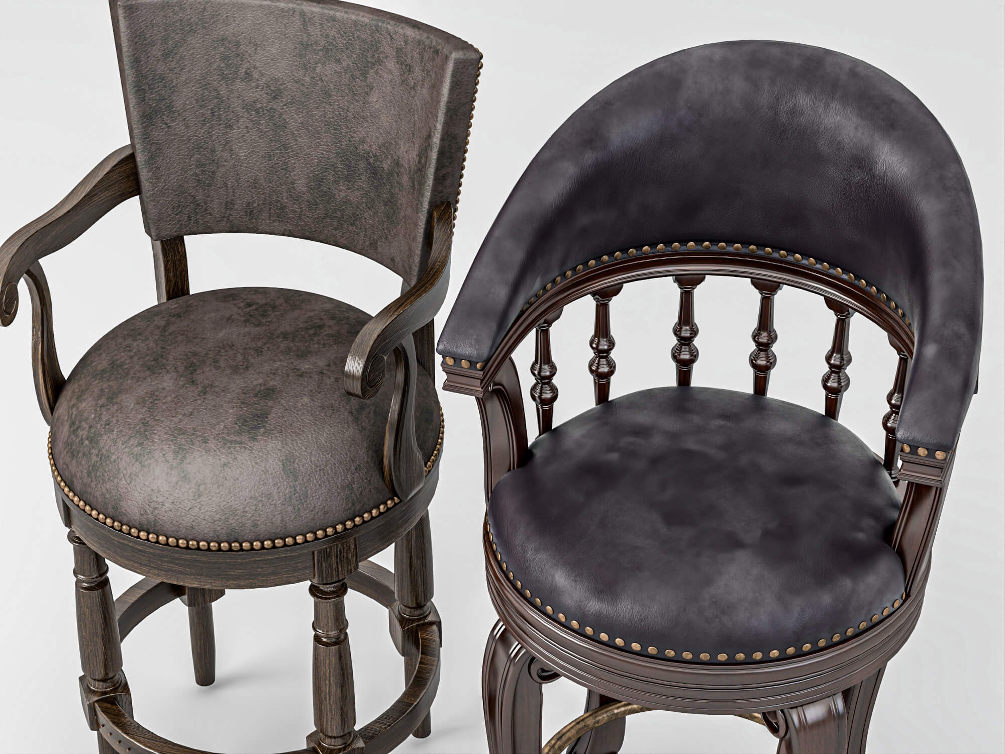 Vintage Wooden Leather Bar Stools Pack 3D Model