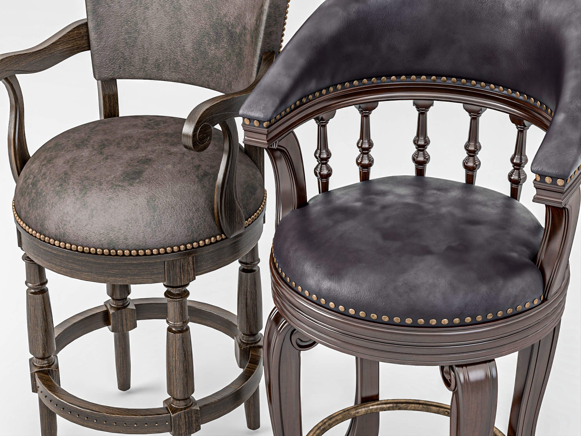 Vintage Wooden Leather Bar Stools Pack 3D Model
