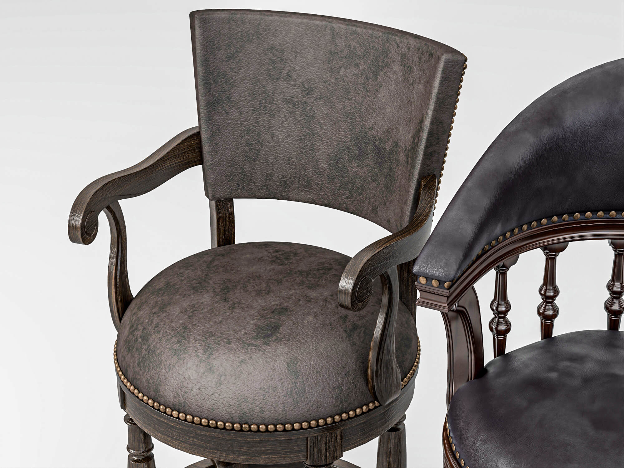 Vintage Wooden Leather Bar Stools Pack 3D Model