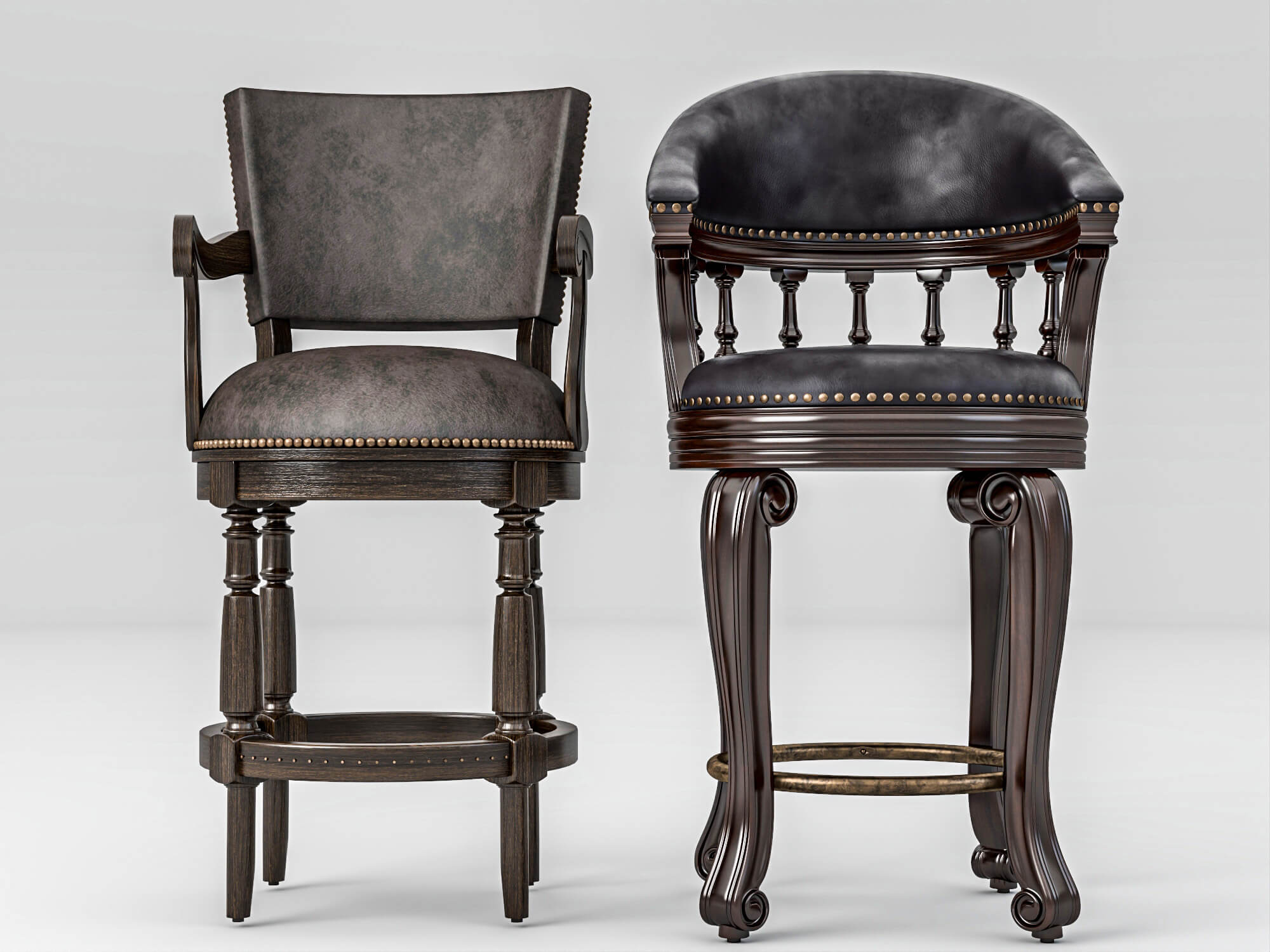 Vintage Wooden Leather Bar Stools Pack 3D Model