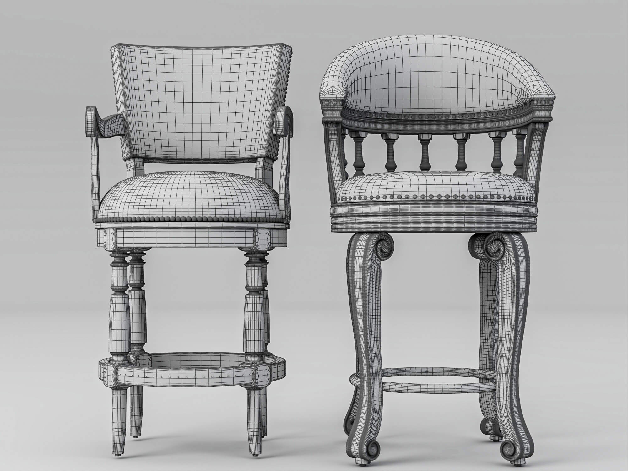 Vintage Wooden Leather Bar Stools Pack 3D Model