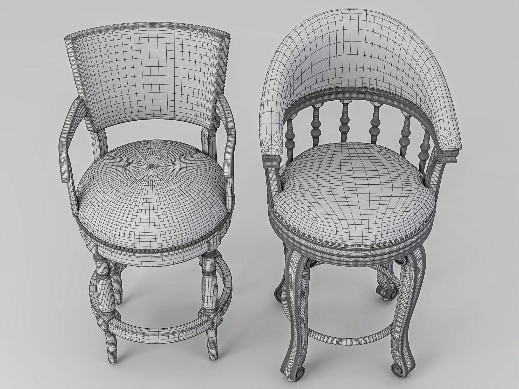 Vintage Wooden Leather Bar Stools Pack 3D Model