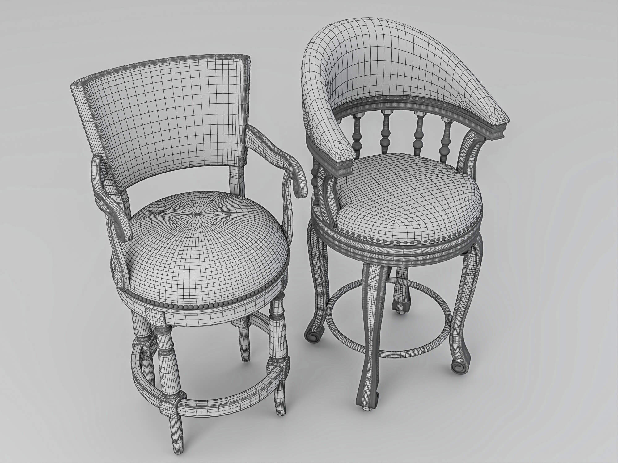 Vintage Wooden Leather Bar Stools Pack 3D Model