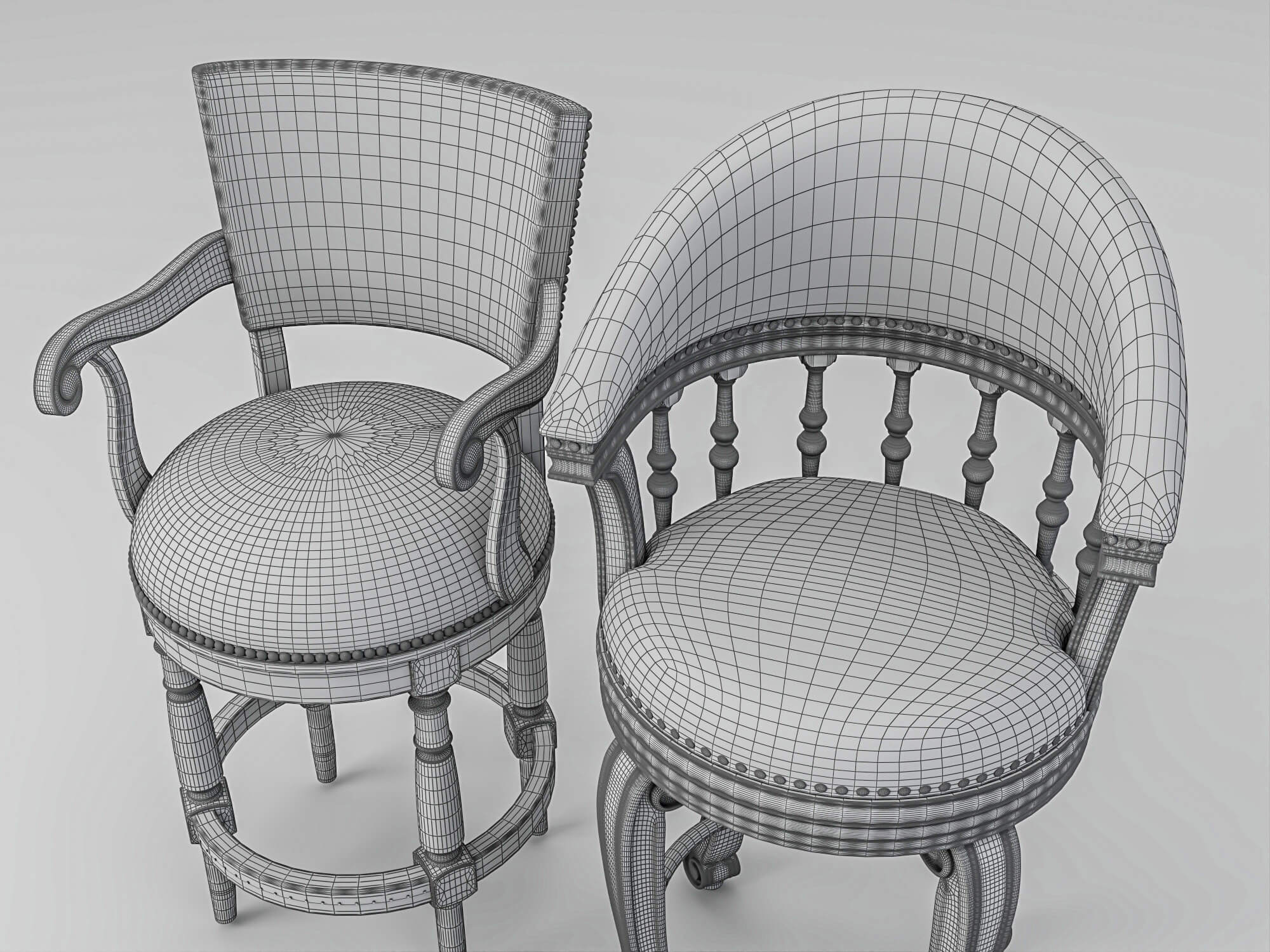 Vintage Wooden Leather Bar Stools Pack 3D Model