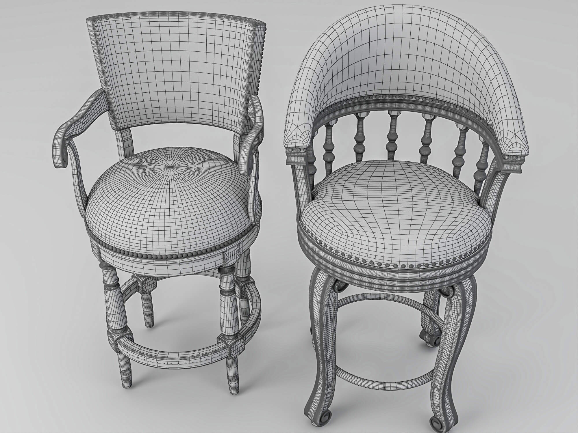 Vintage Wooden Leather Bar Stools Pack 3D Model