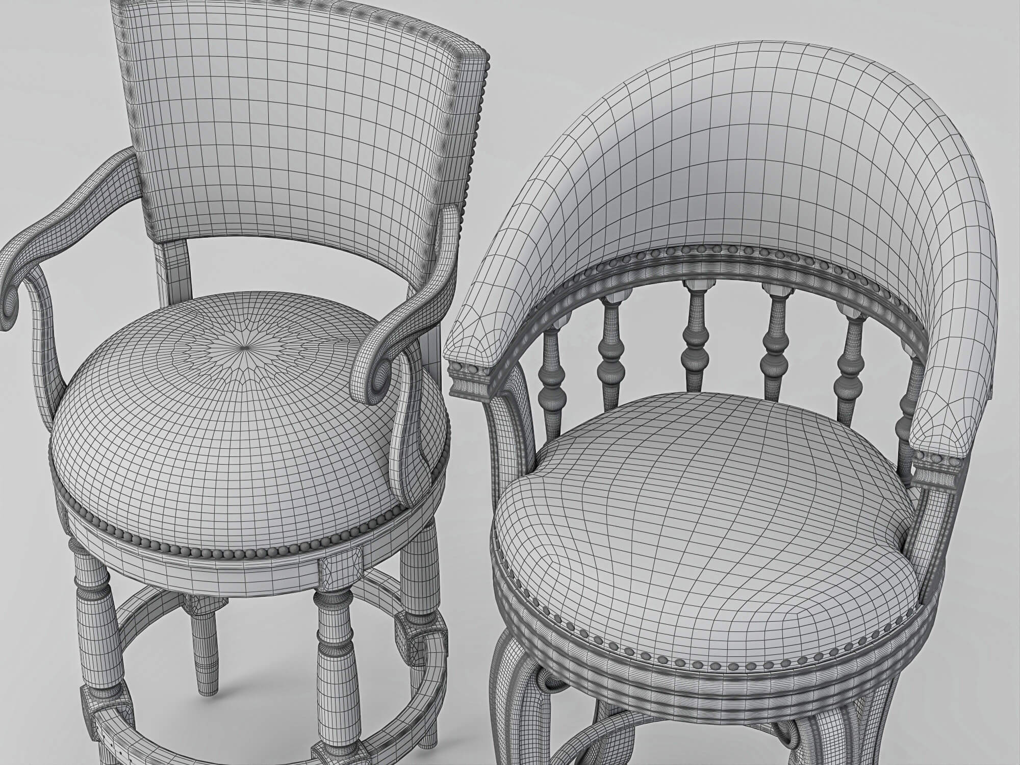 Vintage Wooden Leather Bar Stools Pack 3D Model