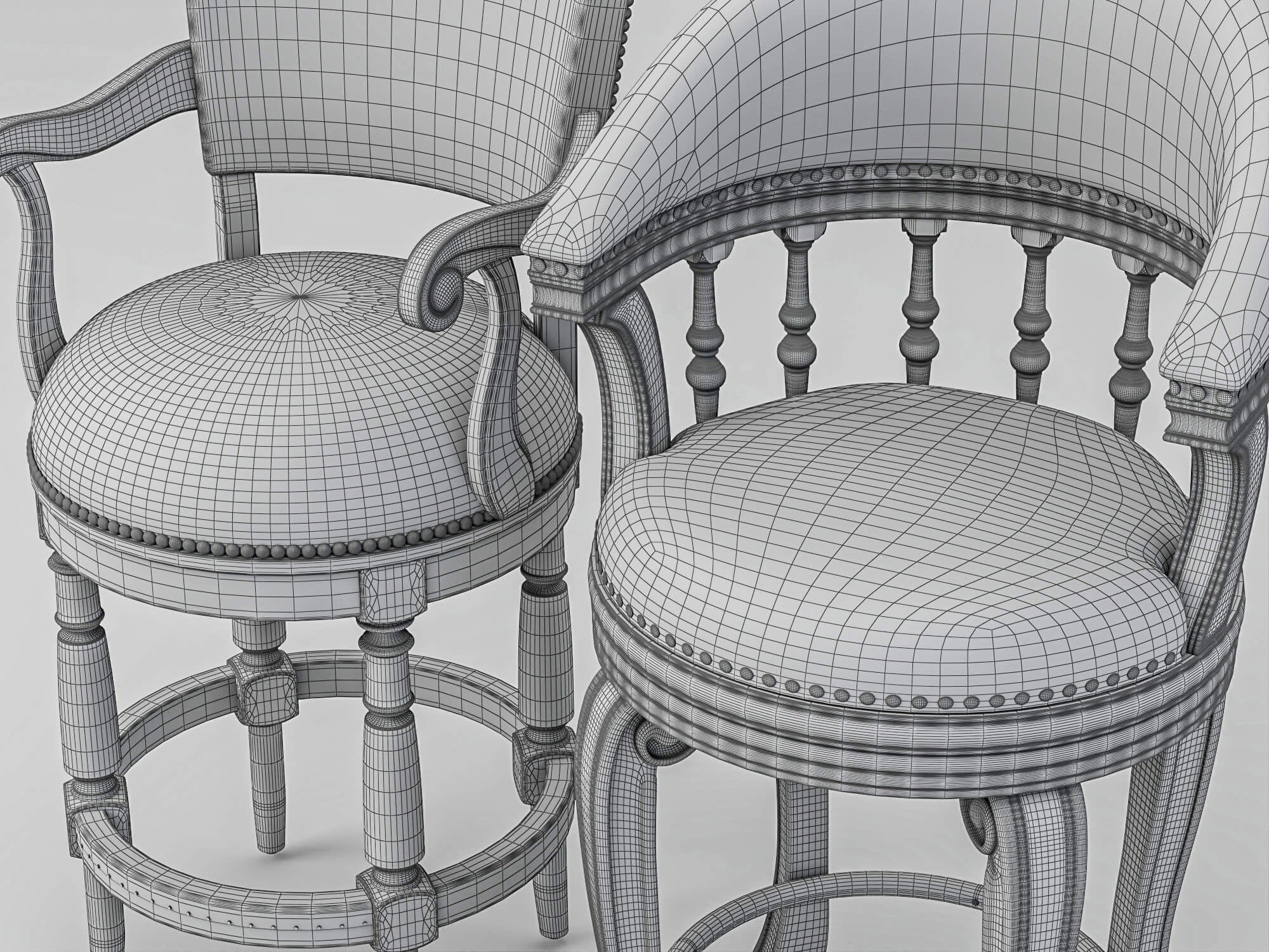 Vintage Wooden Leather Bar Stools Pack 3D Model