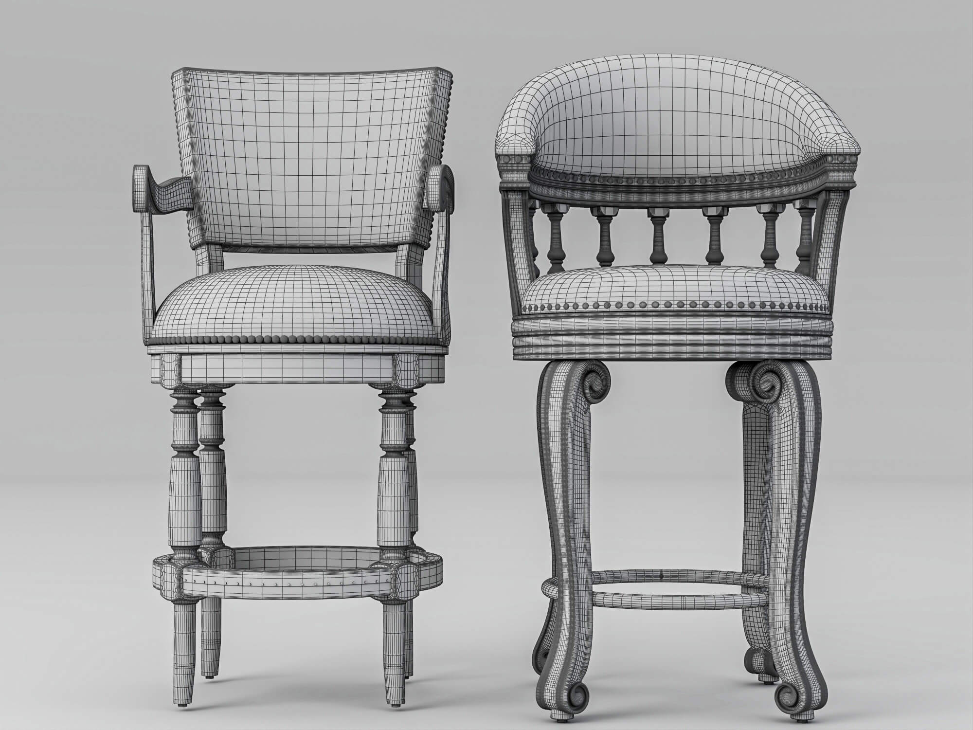 Vintage Wooden Leather Bar Stools Pack 3D Model