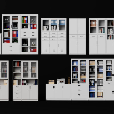 White Metal Office Cabinet Pack Lowpoly 3D Model