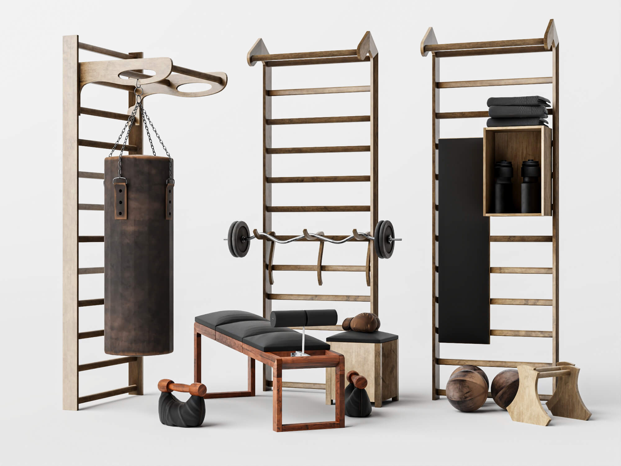 Wooden Home Gym Equipment Set 3D Model