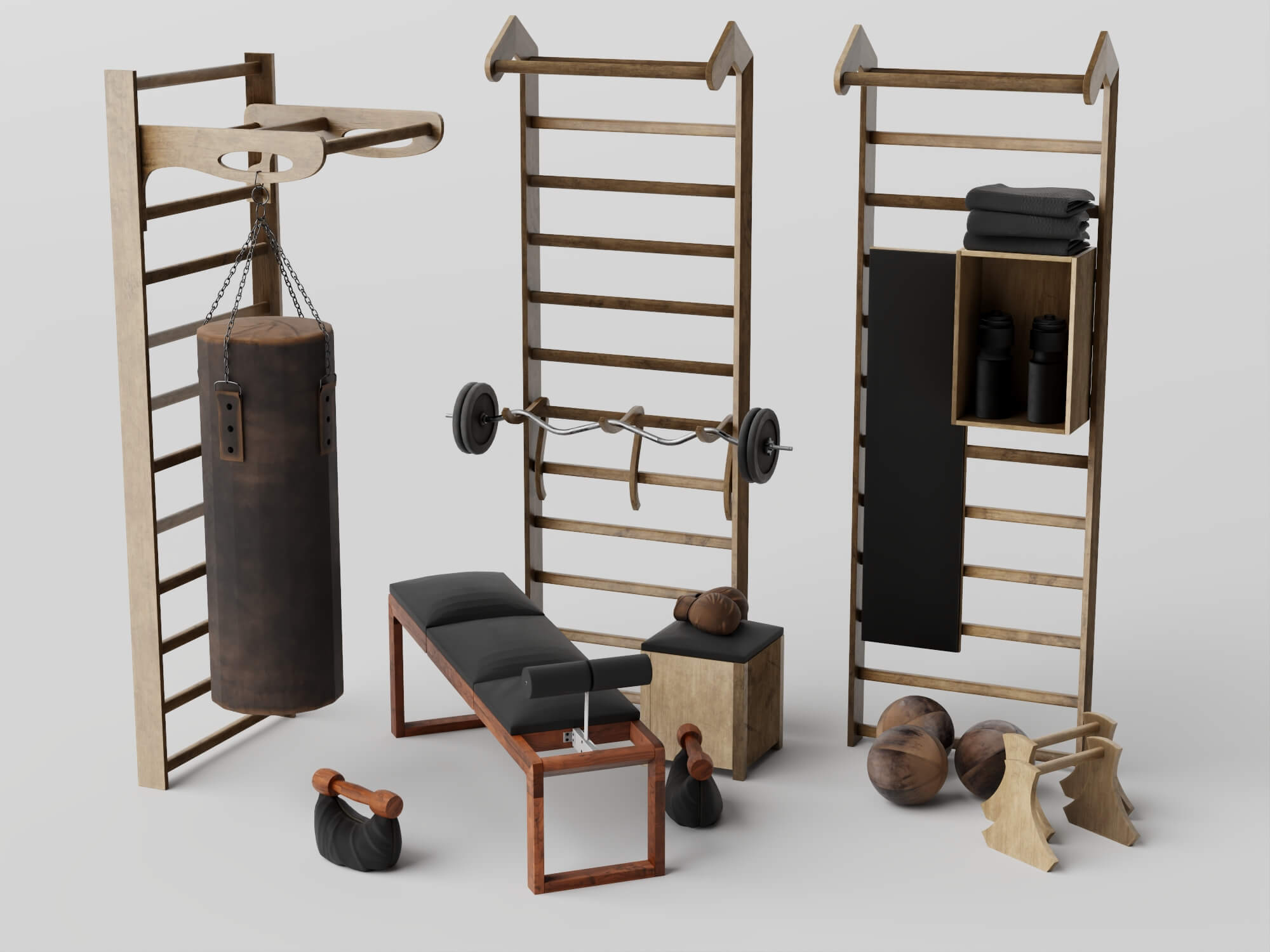 Wooden Home Gym Equipment Set 3D Model