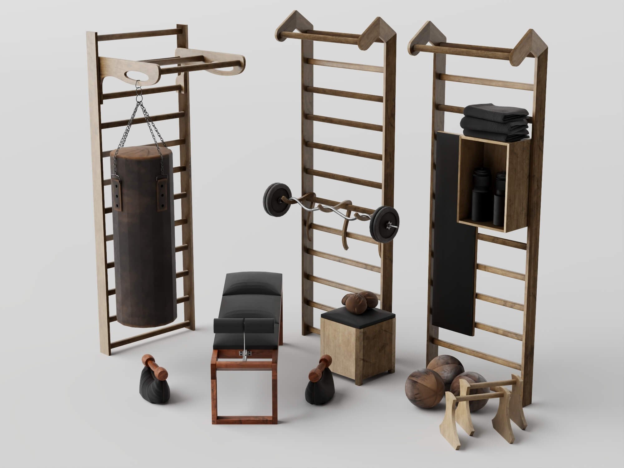 Wooden Home Gym Equipment Set 3D Model