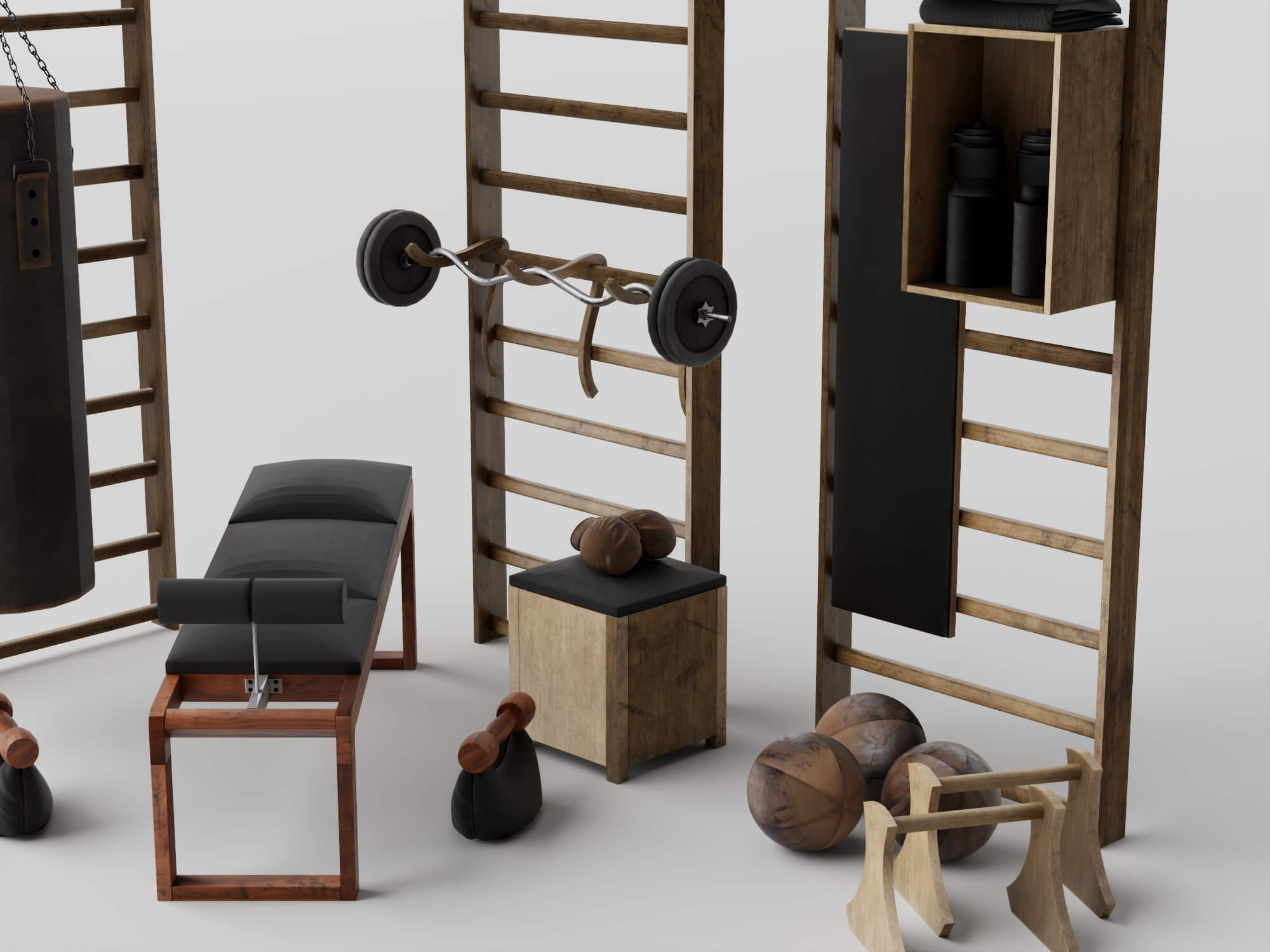 Wooden Home Gym Equipment Set 3D Model