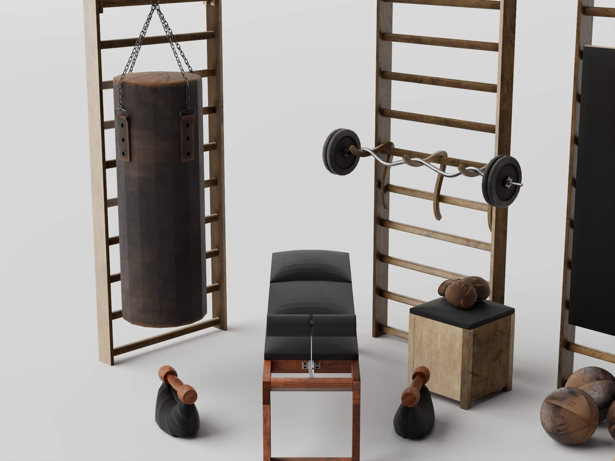 Wooden Home Gym Equipment Set 3D Model