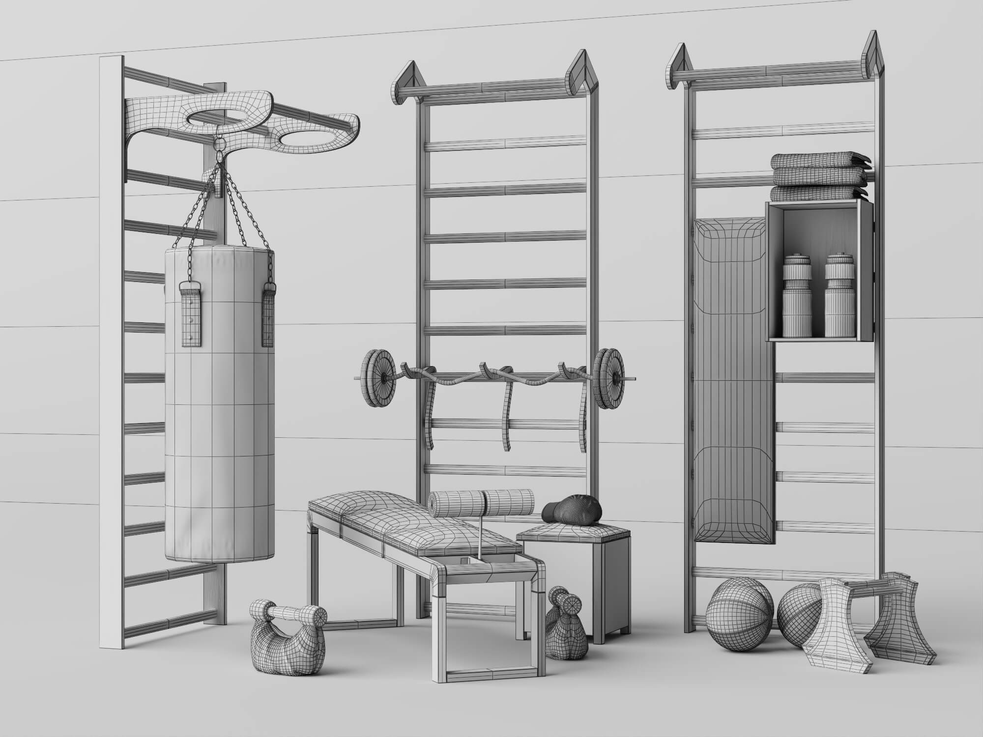Wooden Home Gym Equipment Set 3D Model