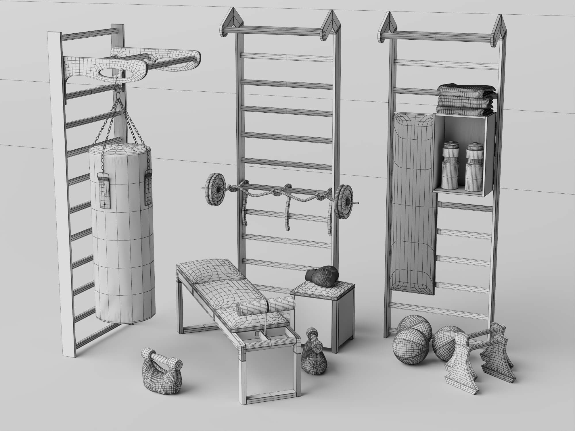 Wooden Home Gym Equipment Set 3D Model