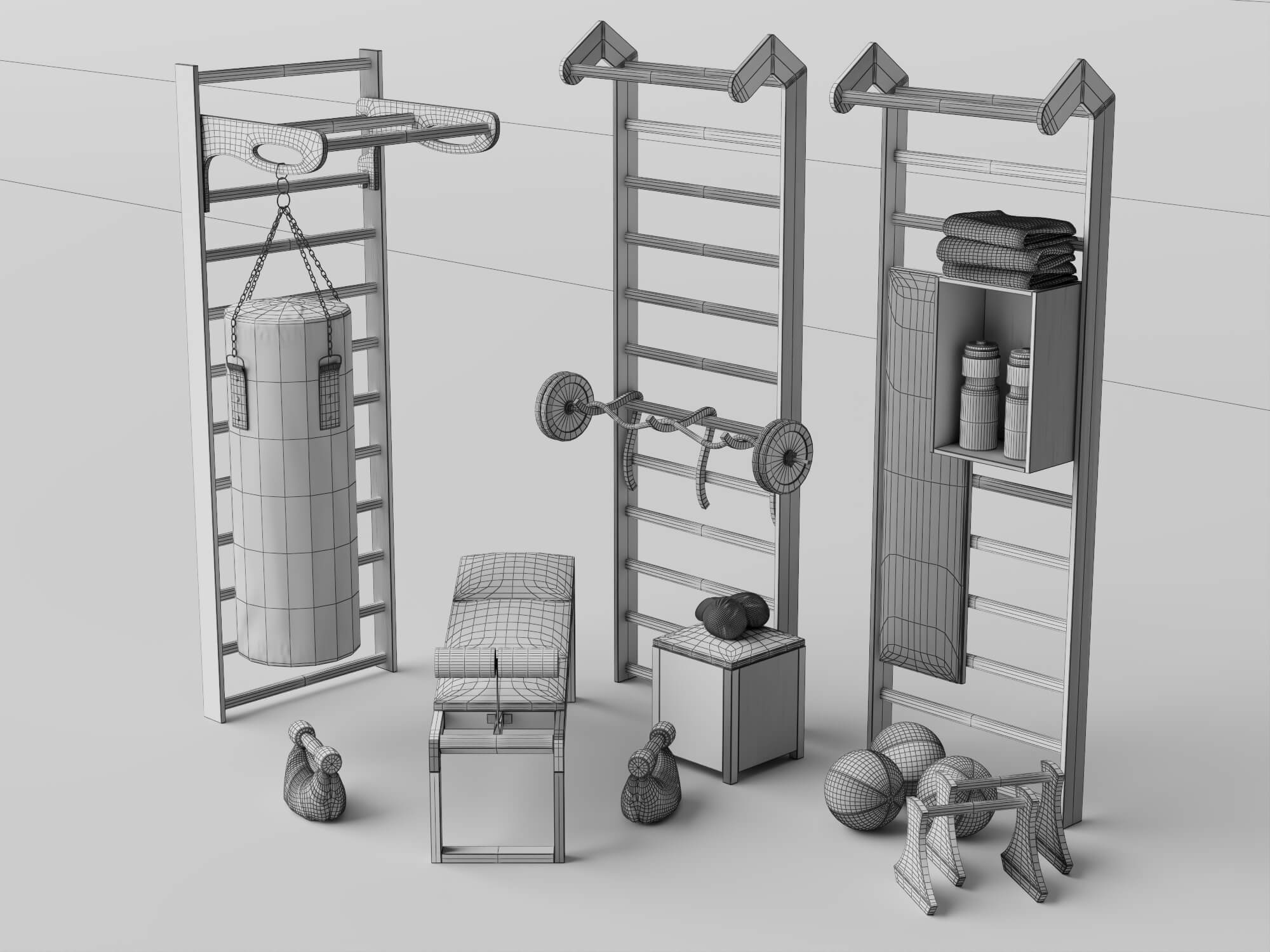 Wooden Home Gym Equipment Set 3D Model