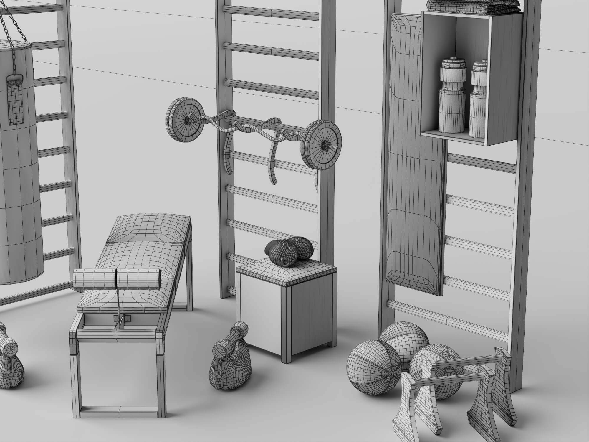 Wooden Home Gym Equipment Set 3D Model