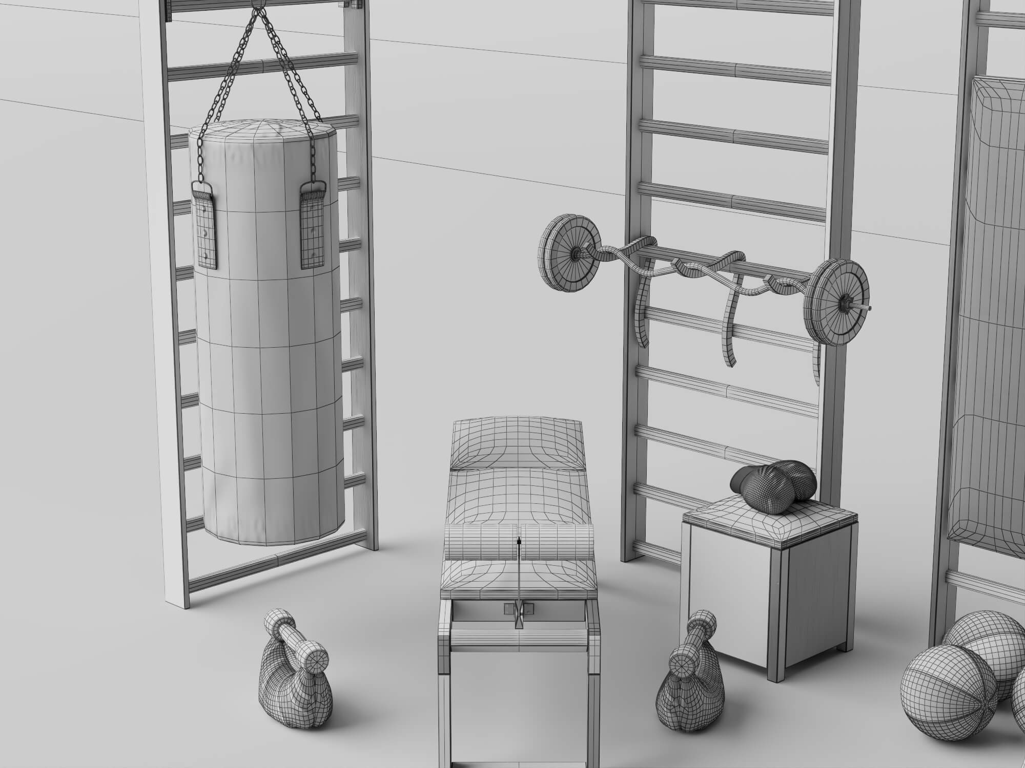 Wooden Home Gym Equipment Set 3D Model