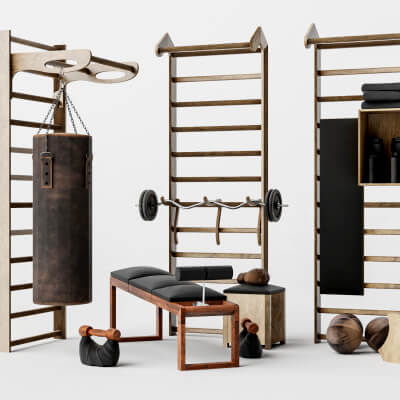 Wooden Home Gym Equipment Set 3D Model