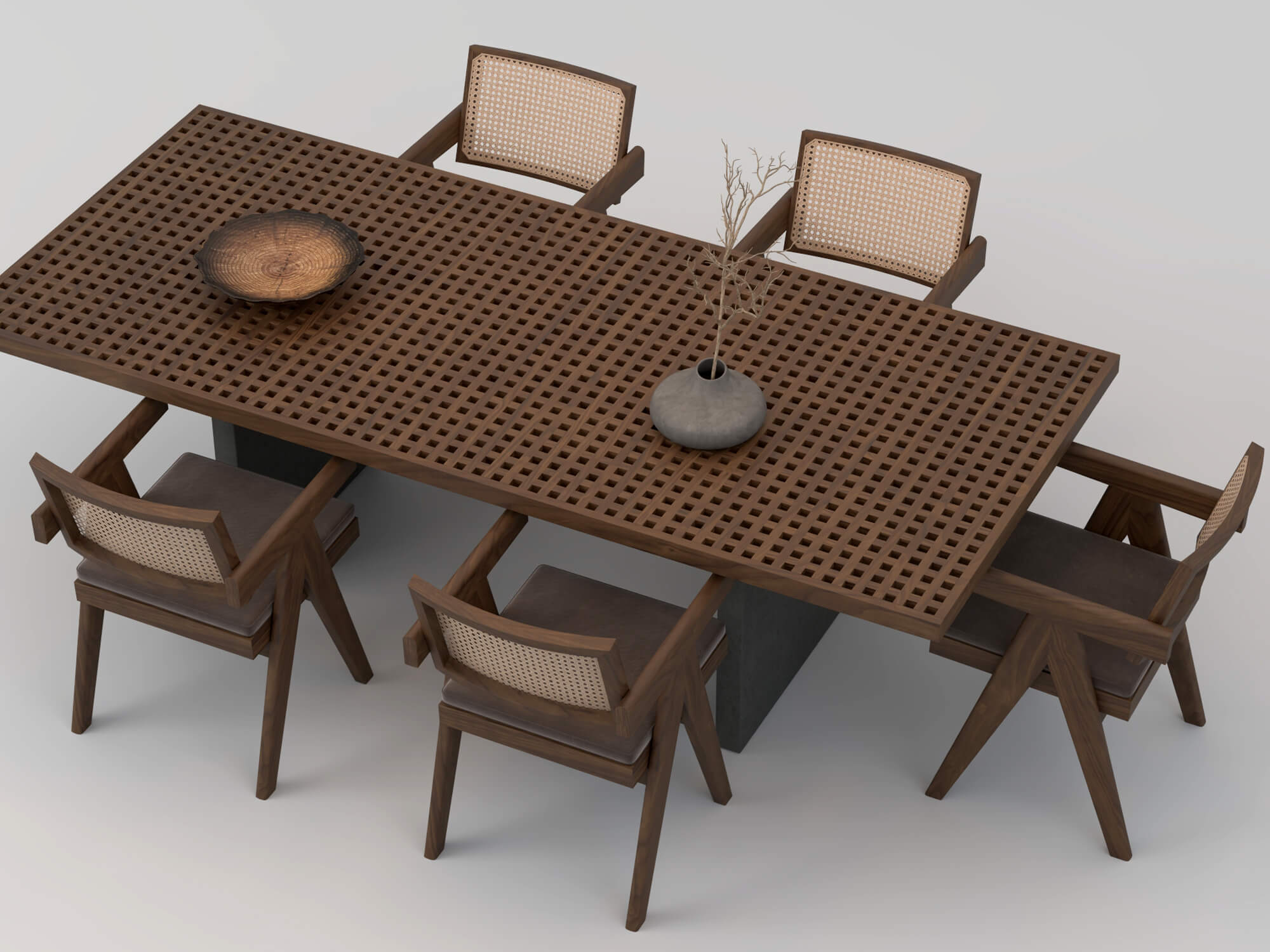 Wooden Perforated Dining Table with Rattan Chairs 3D Model