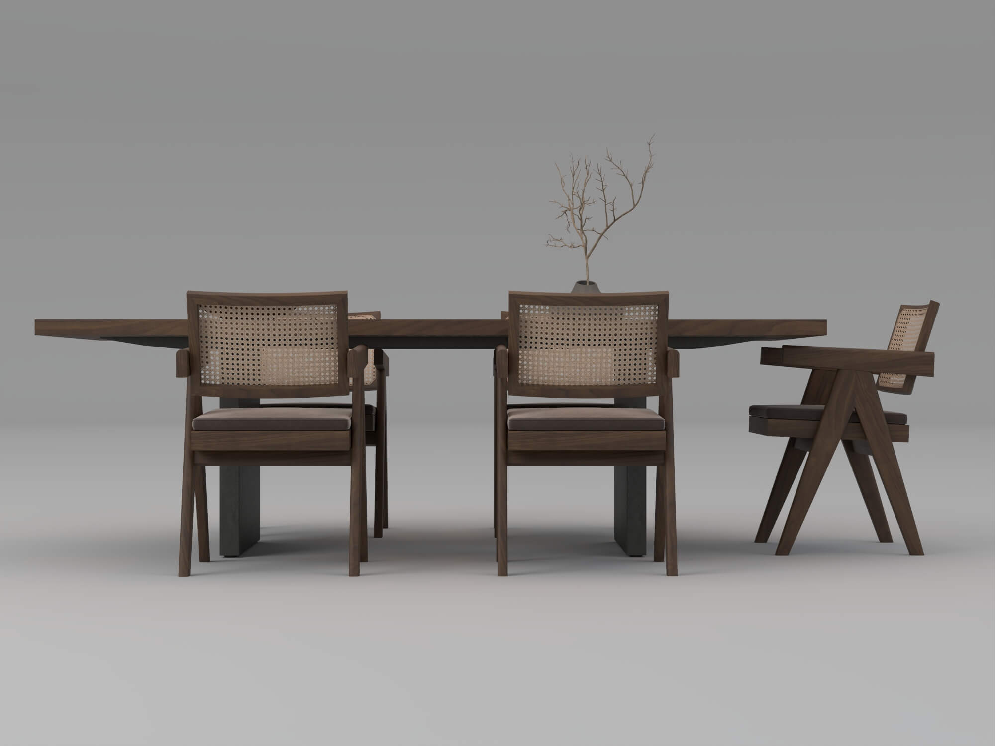 Wooden Perforated Dining Table with Rattan Chairs 3D Model