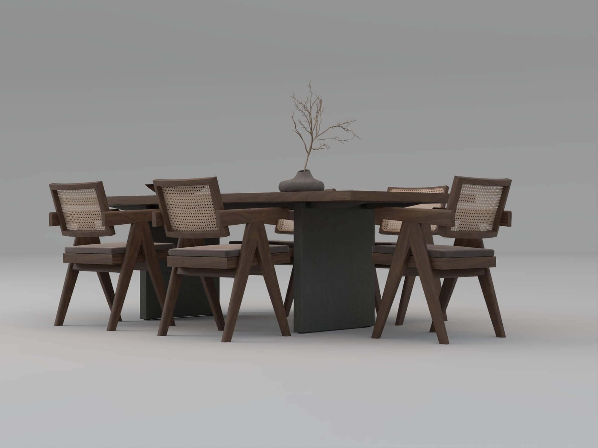 Wooden Perforated Dining Table with Rattan Chairs 3D Model