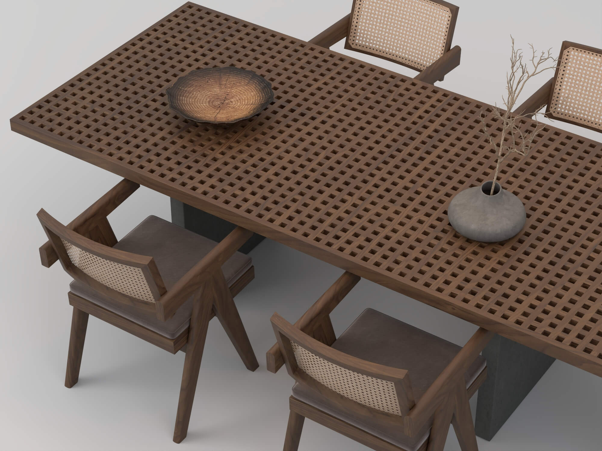 Wooden Perforated Dining Table with Rattan Chairs 3D Model