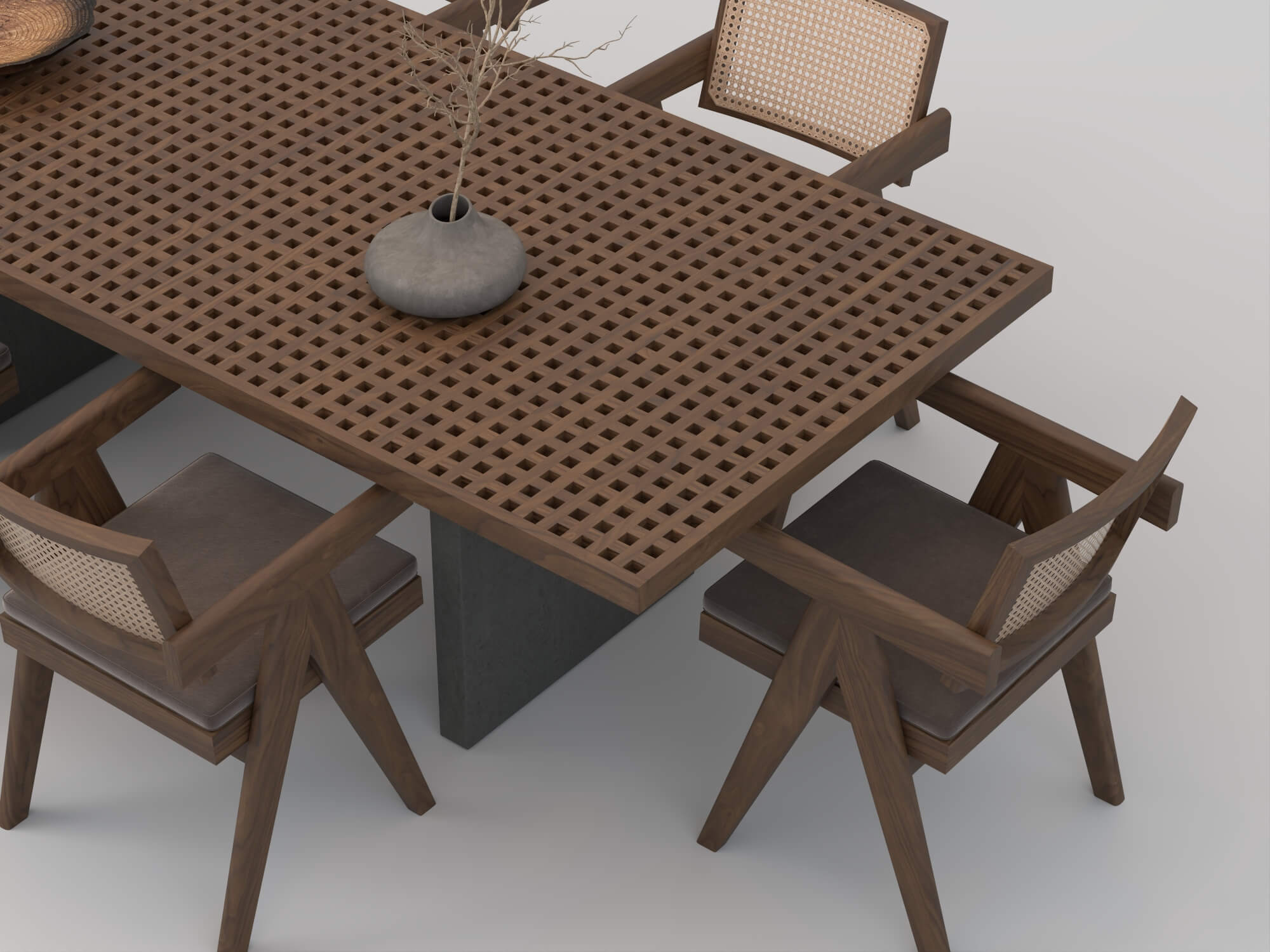 Wooden Perforated Dining Table with Rattan Chairs 3D Model