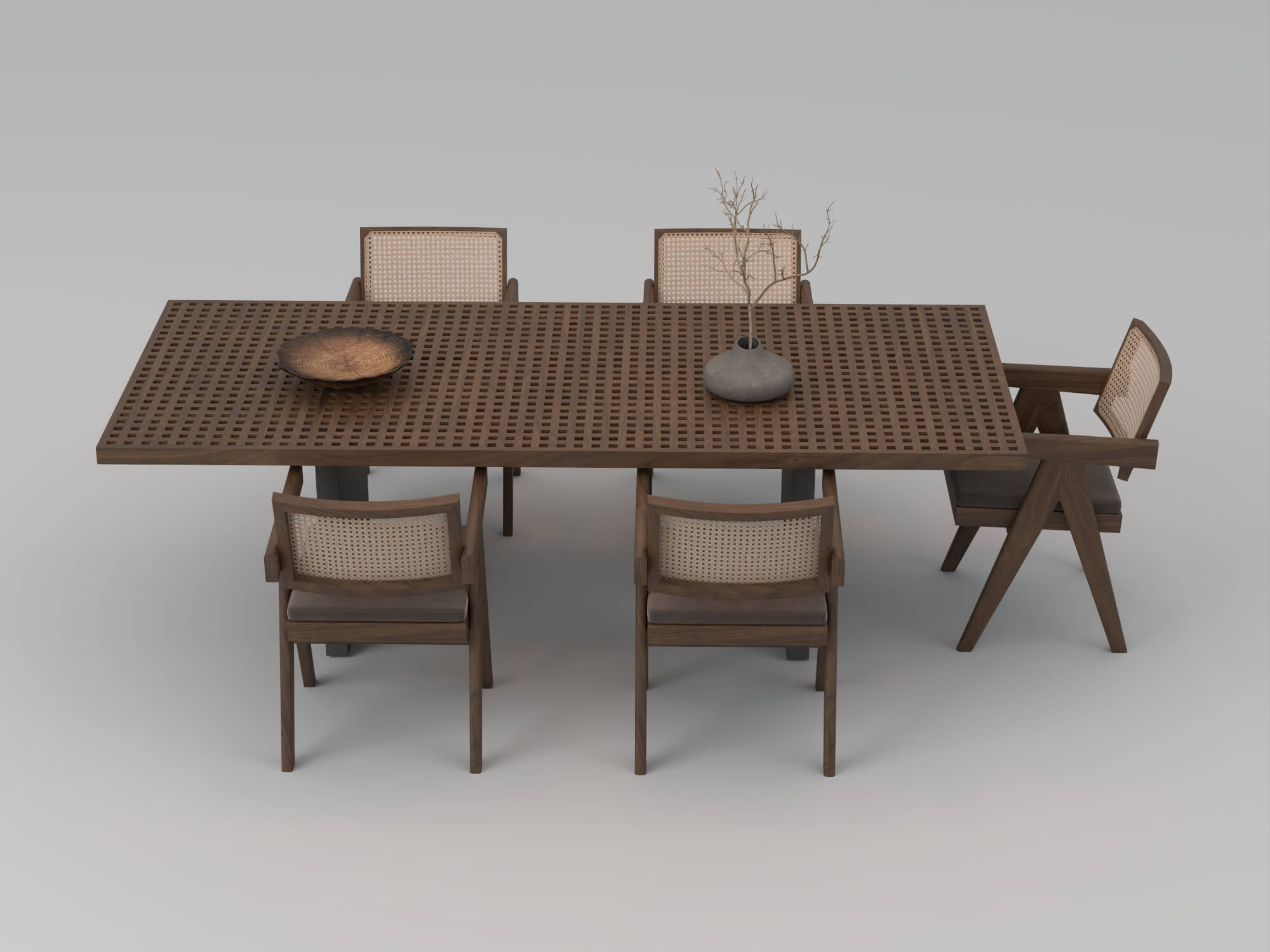 Wooden Perforated Dining Table with Rattan Chairs 3D Model