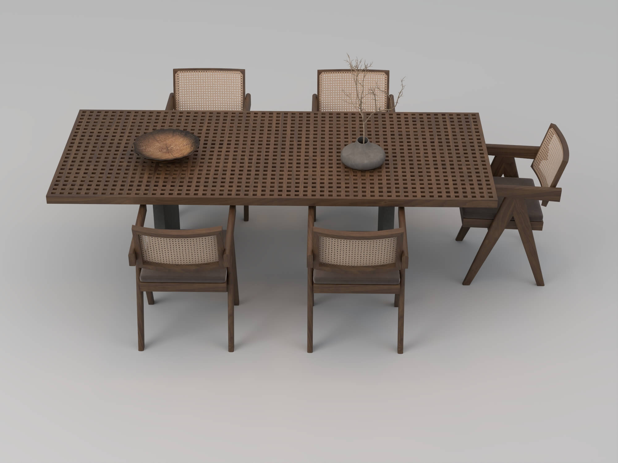 Wooden Perforated Dining Table with Rattan Chairs 3D Model