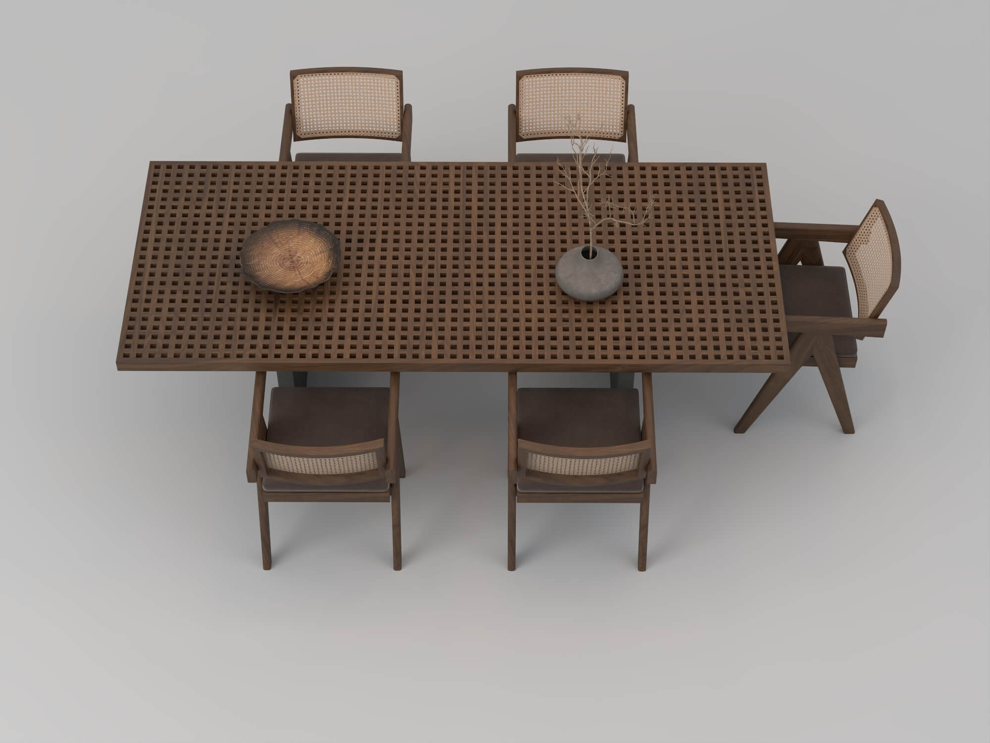 Wooden Perforated Dining Table with Rattan Chairs 3D Model