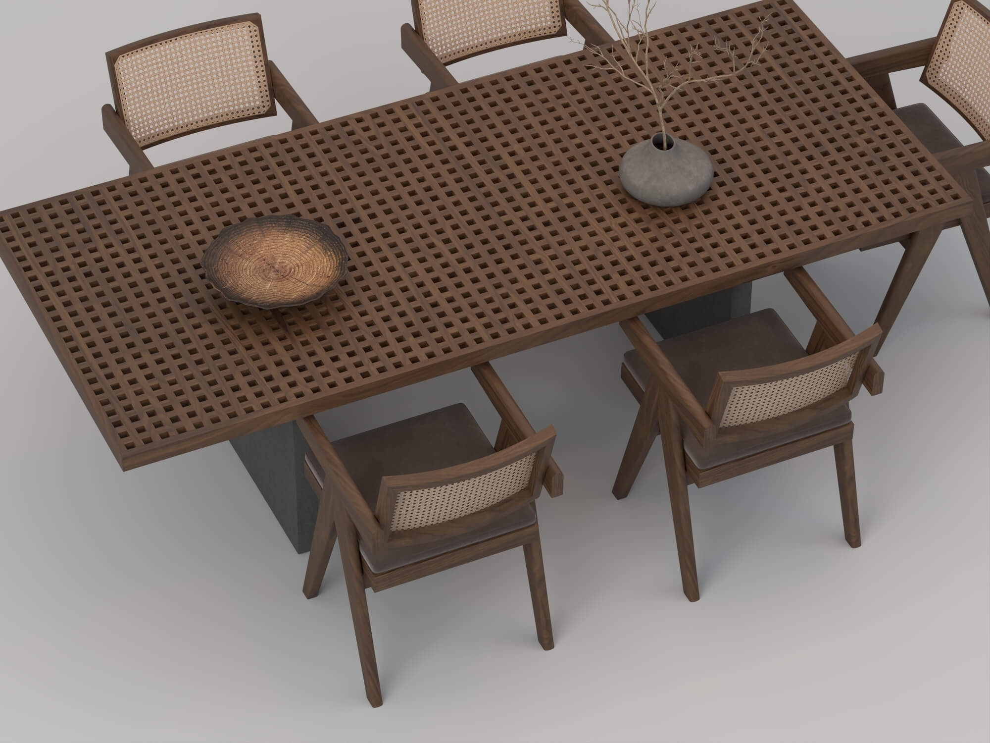 Wooden Perforated Dining Table with Rattan Chairs 3D Model