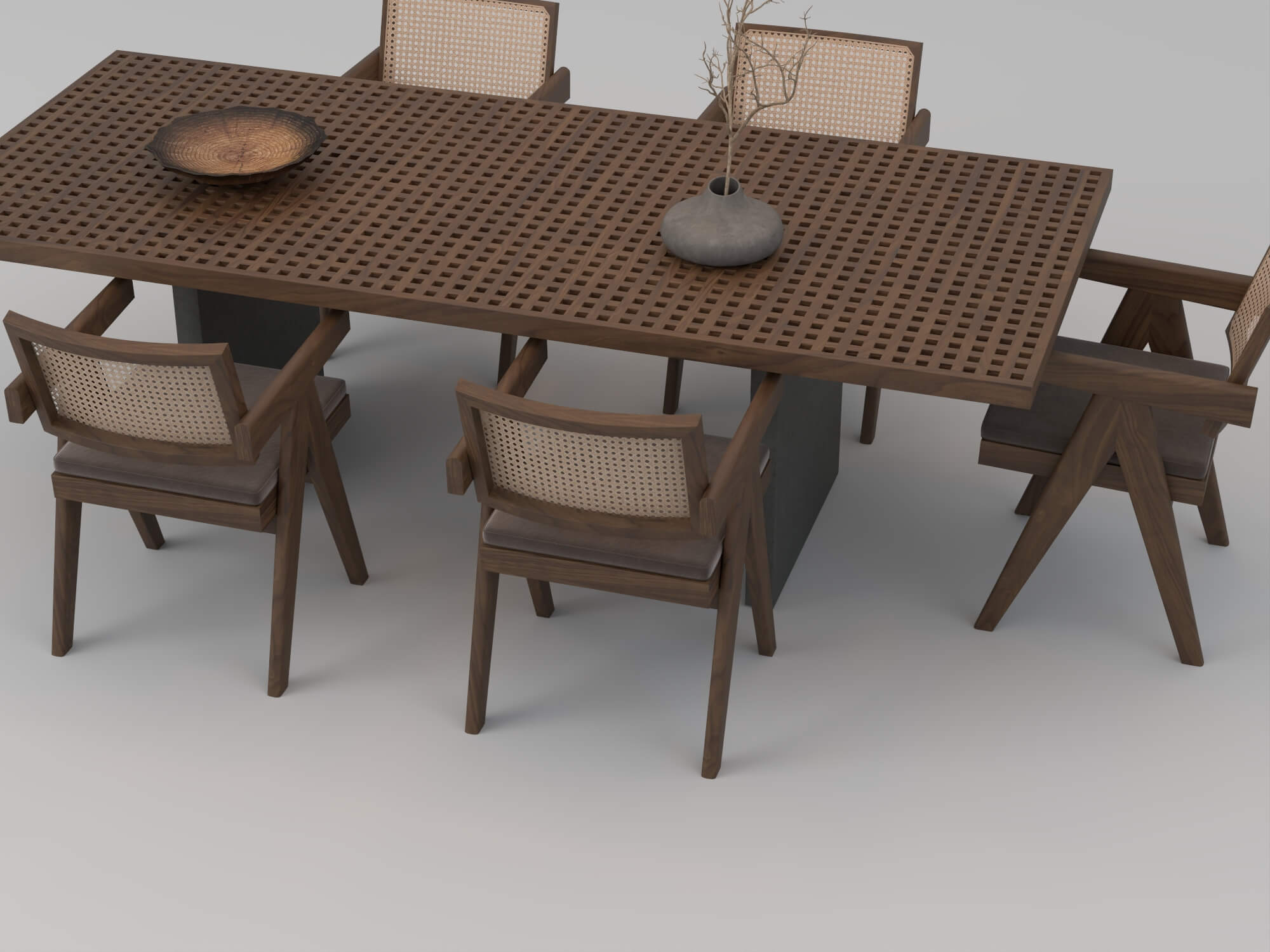 Wooden Perforated Dining Table with Rattan Chairs 3D Model