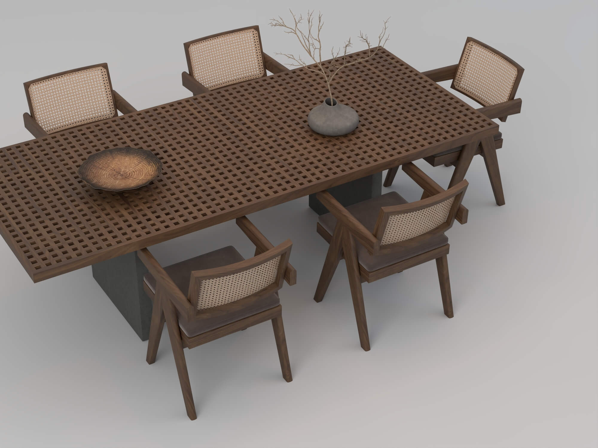 Wooden Perforated Dining Table with Rattan Chairs 3D Model