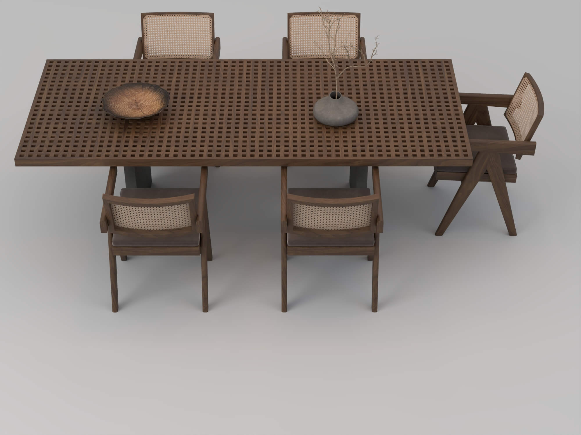 Wooden Perforated Dining Table with Rattan Chairs 3D Model