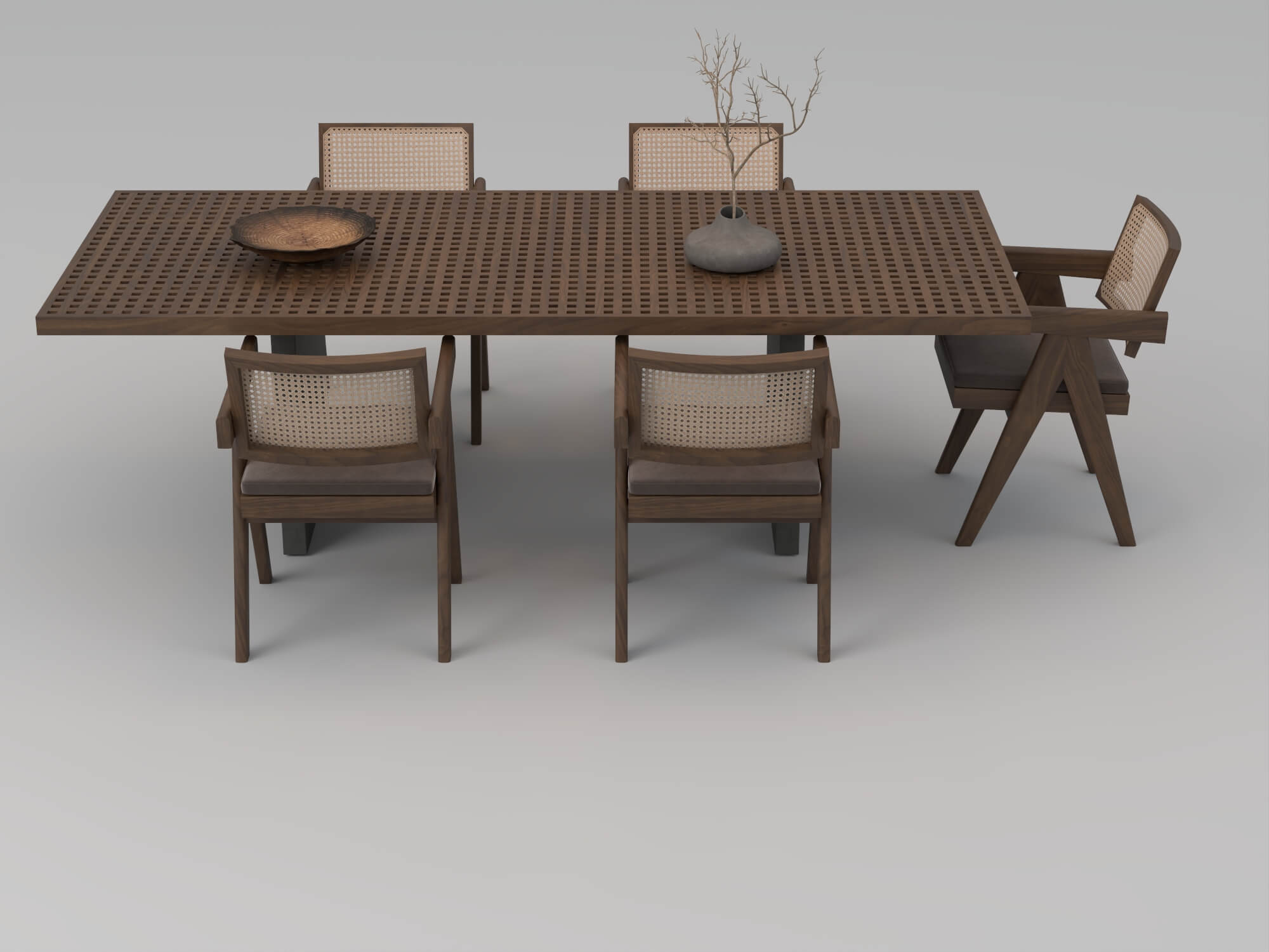 Wooden Perforated Dining Table with Rattan Chairs 3D Model