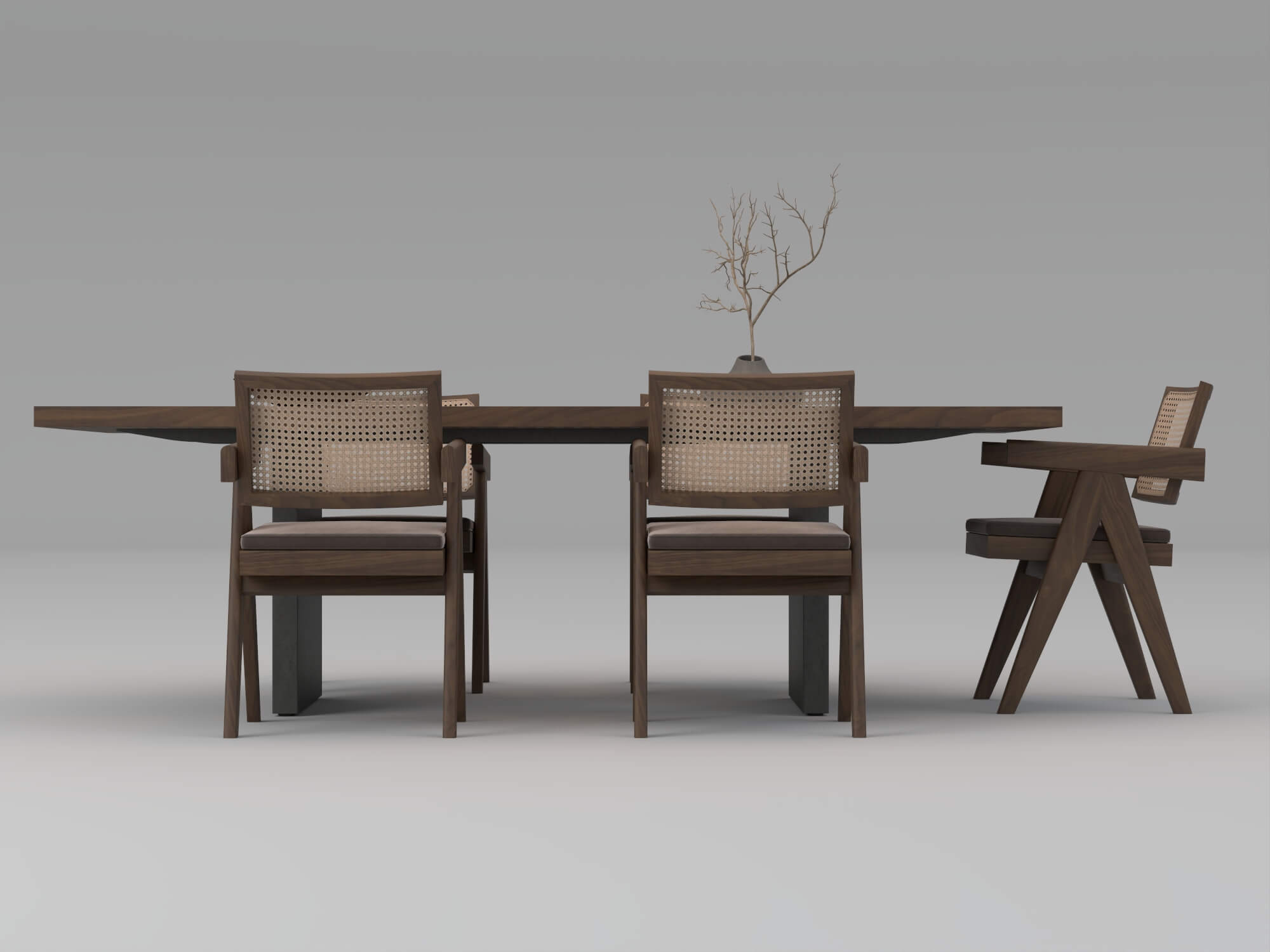 Wooden Perforated Dining Table with Rattan Chairs 3D Model
