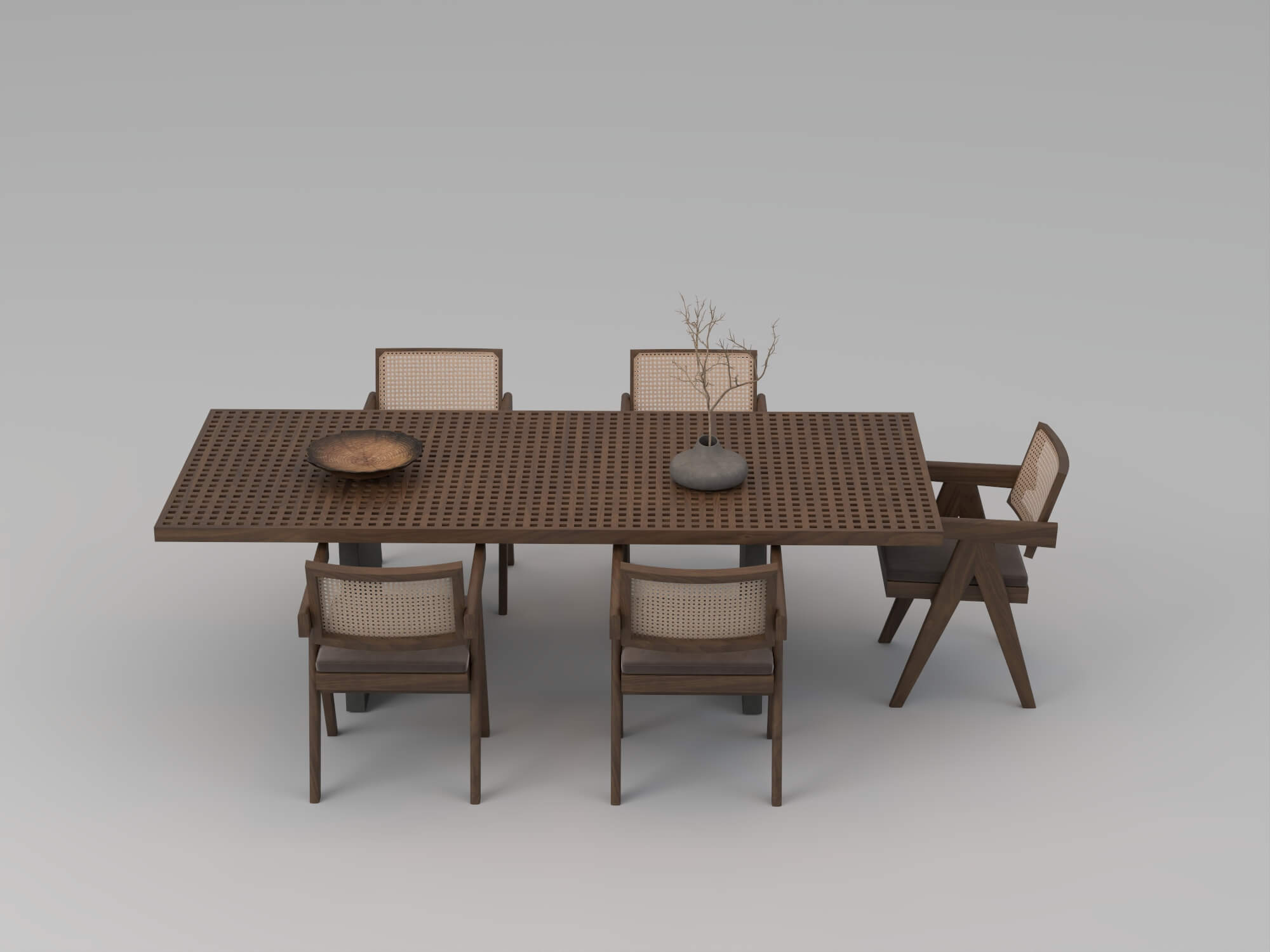 Wooden Perforated Dining Table with Rattan Chairs 3D Model