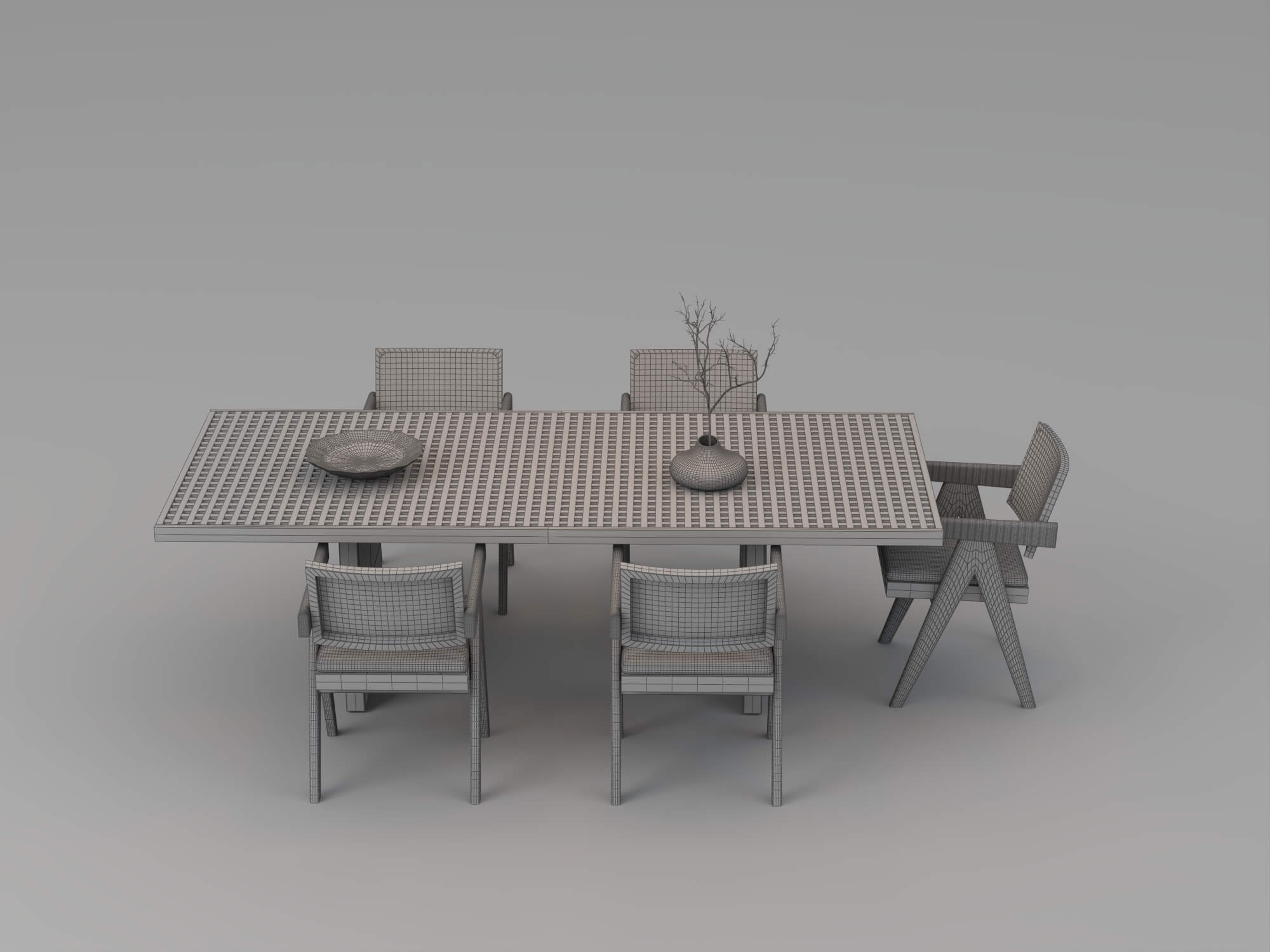 Wooden Perforated Dining Table with Rattan Chairs 3D Model
