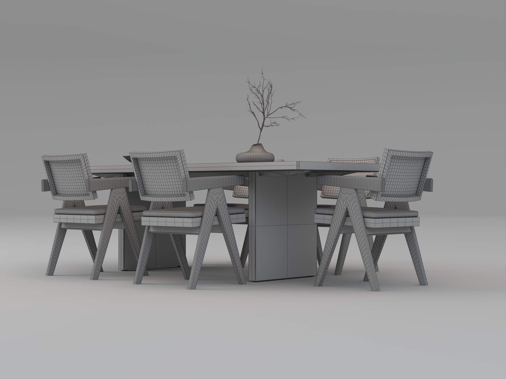 Wooden Perforated Dining Table with Rattan Chairs 3D Model