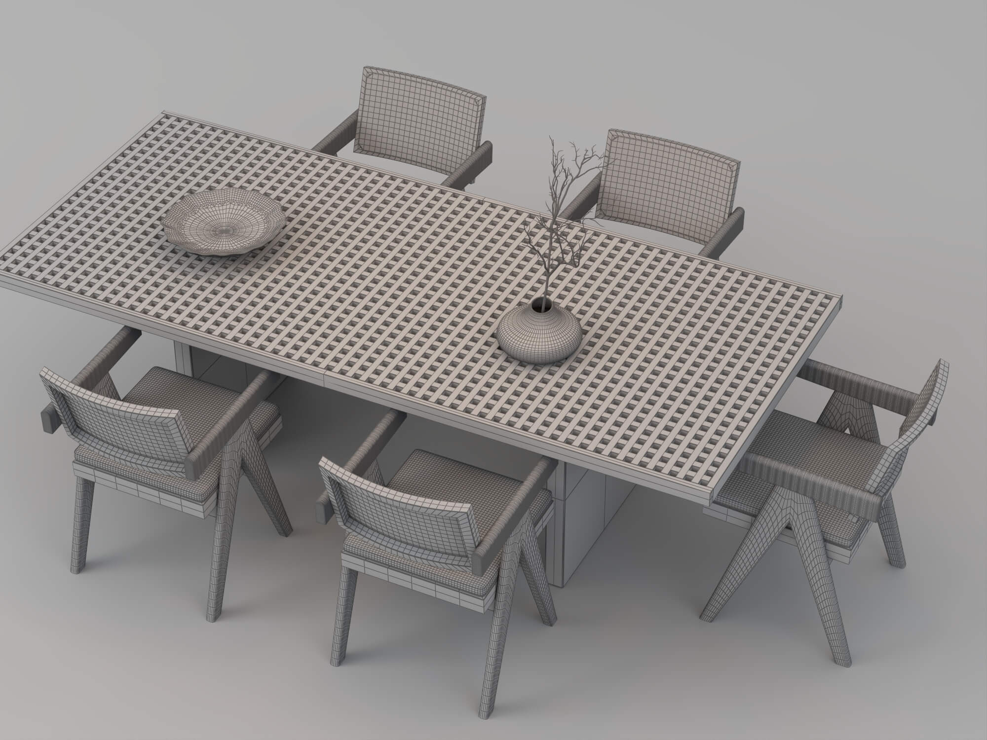 Wooden Perforated Dining Table with Rattan Chairs 3D Model