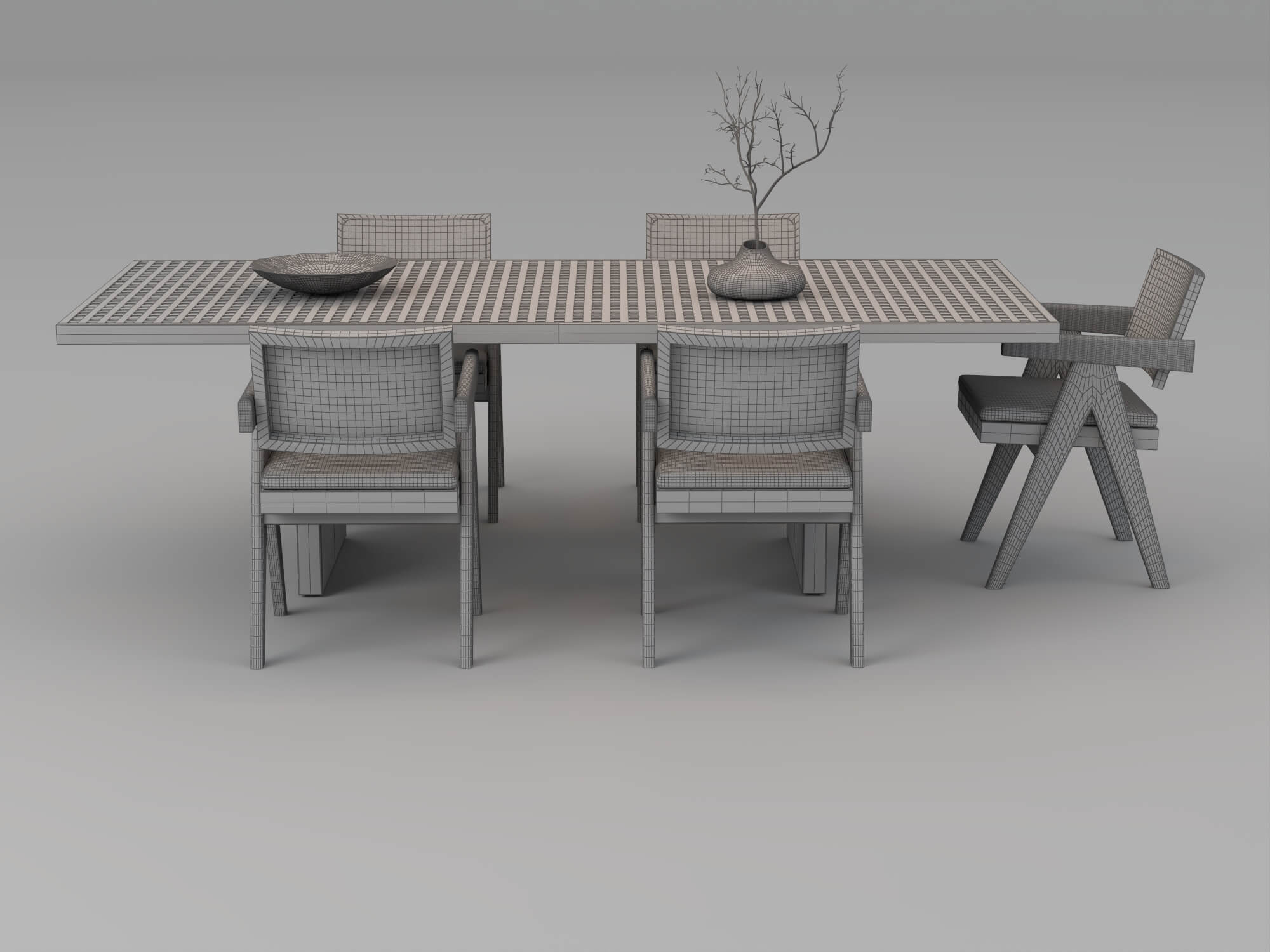 Wooden Perforated Dining Table with Rattan Chairs 3D Model