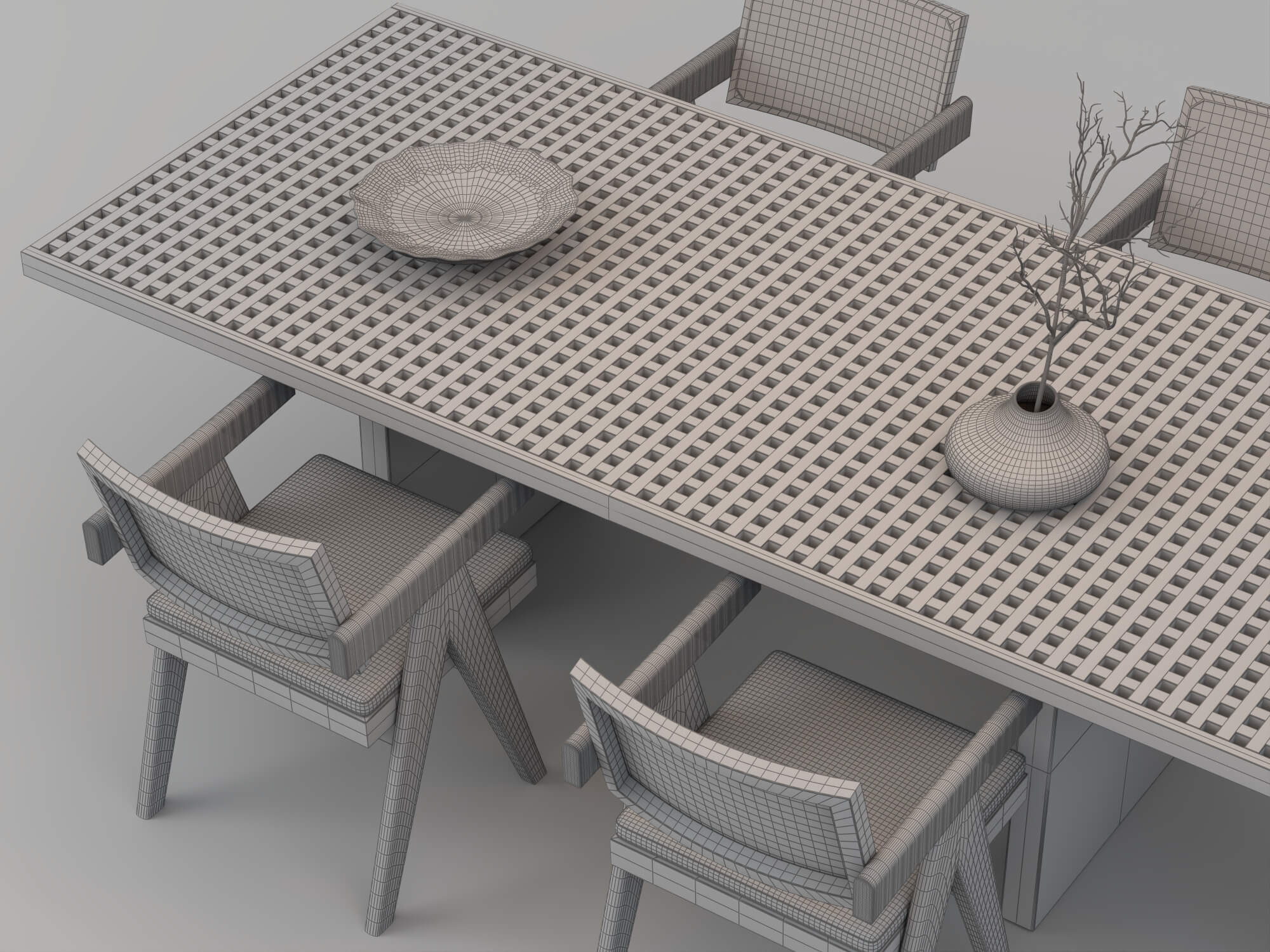 Wooden Perforated Dining Table with Rattan Chairs 3D Model