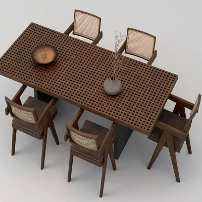 Wooden Perforated Dining Table with Rattan Chairs