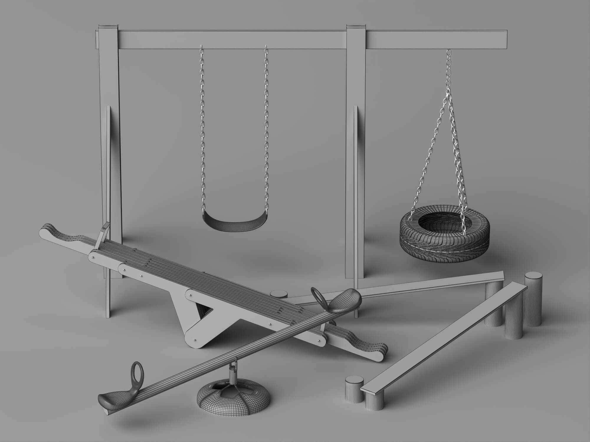 Wooden Playground Equipment Pack 3d Model 3D Model