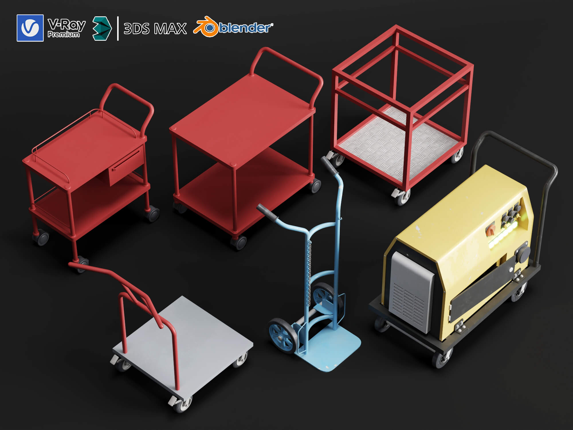 Workshop Hand Trolley and Cart Collection 3D Model