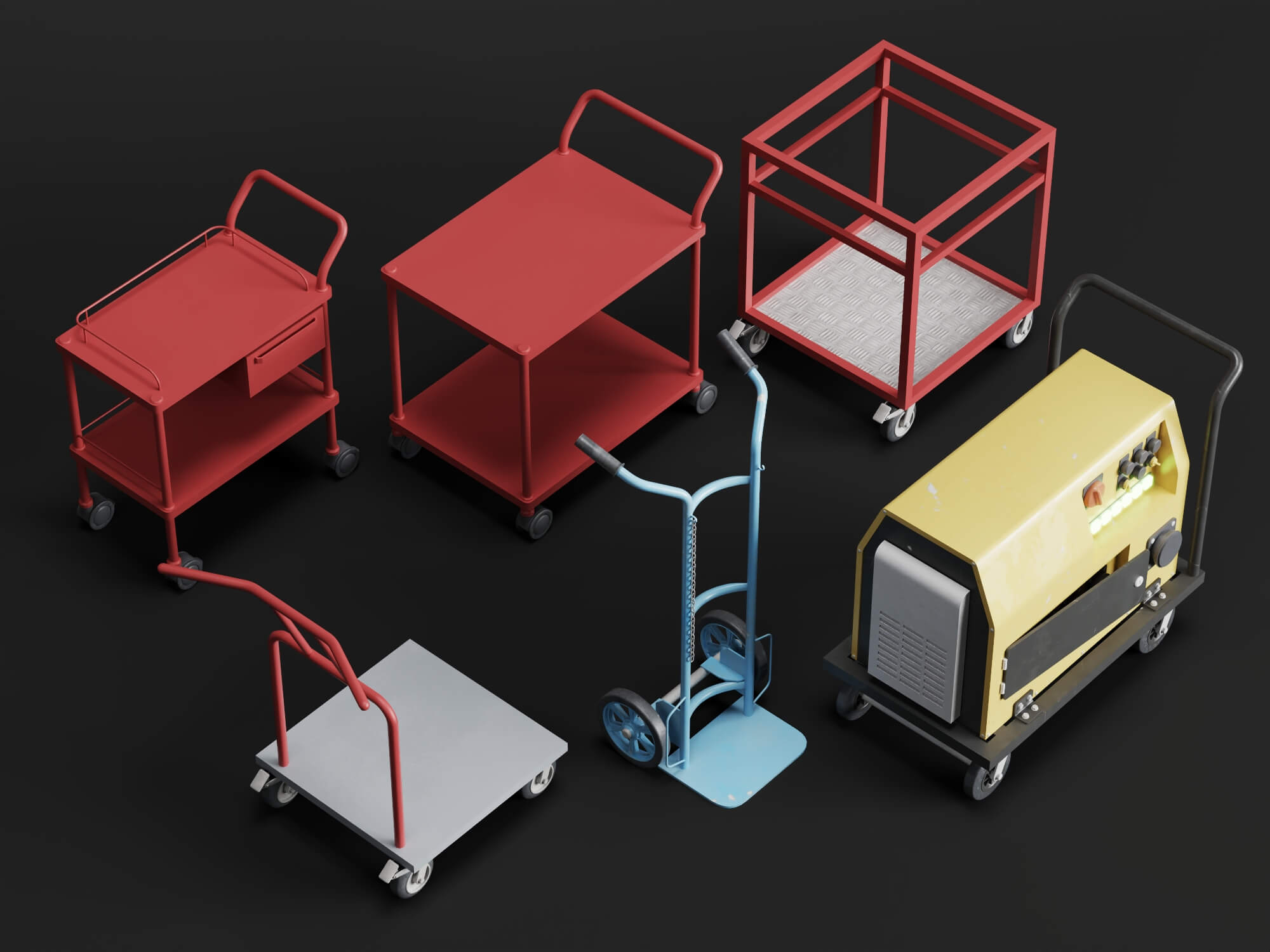 Workshop Hand Trolley and Cart Collection 3D Model