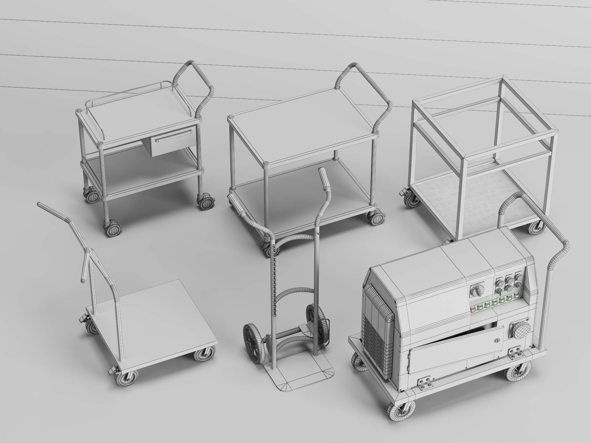 Workshop Hand Trolley and Cart Collection 3D Model