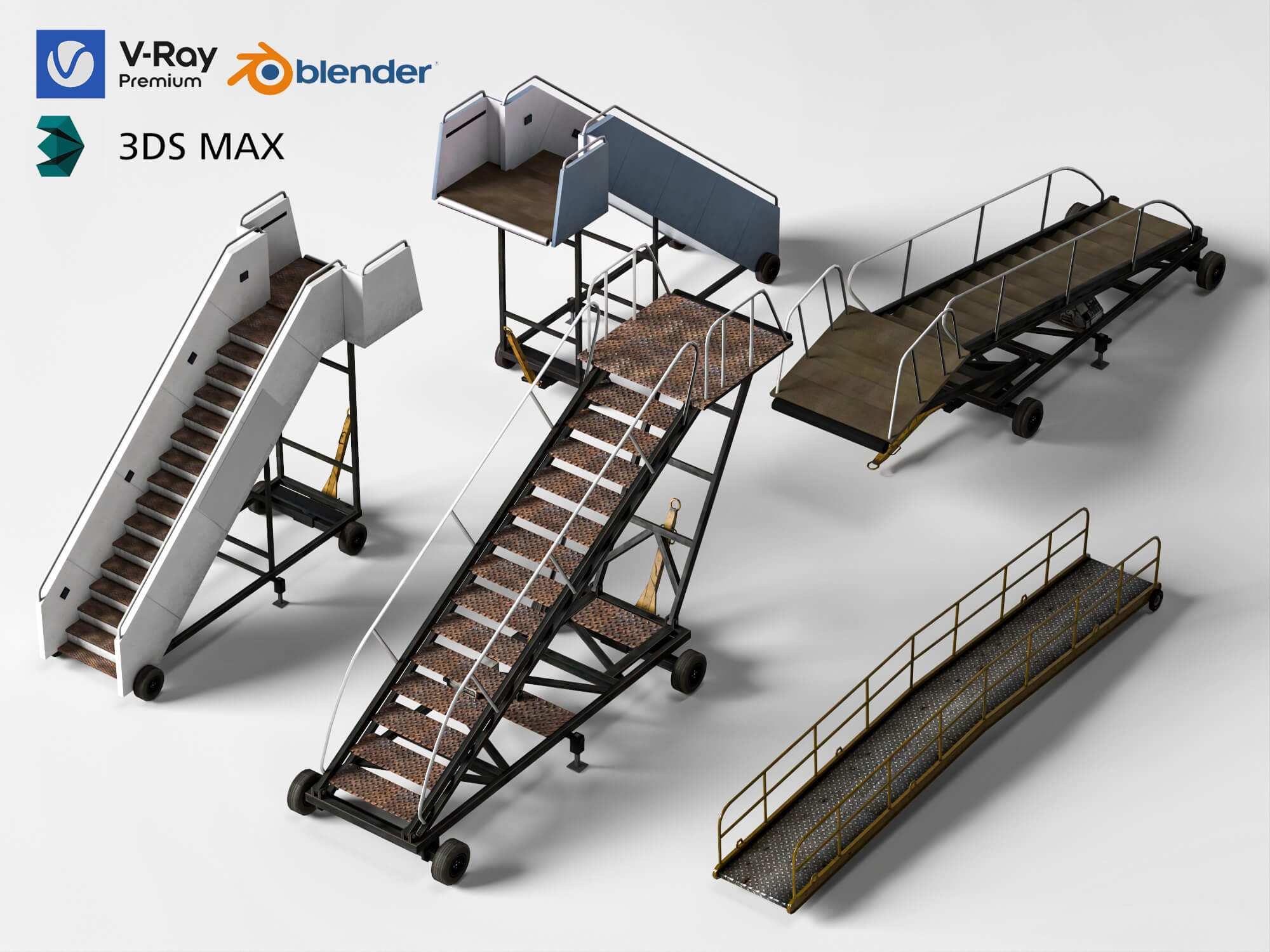 Airport Mobile Boarding Stairs and Ramps 3D Model 3D Model